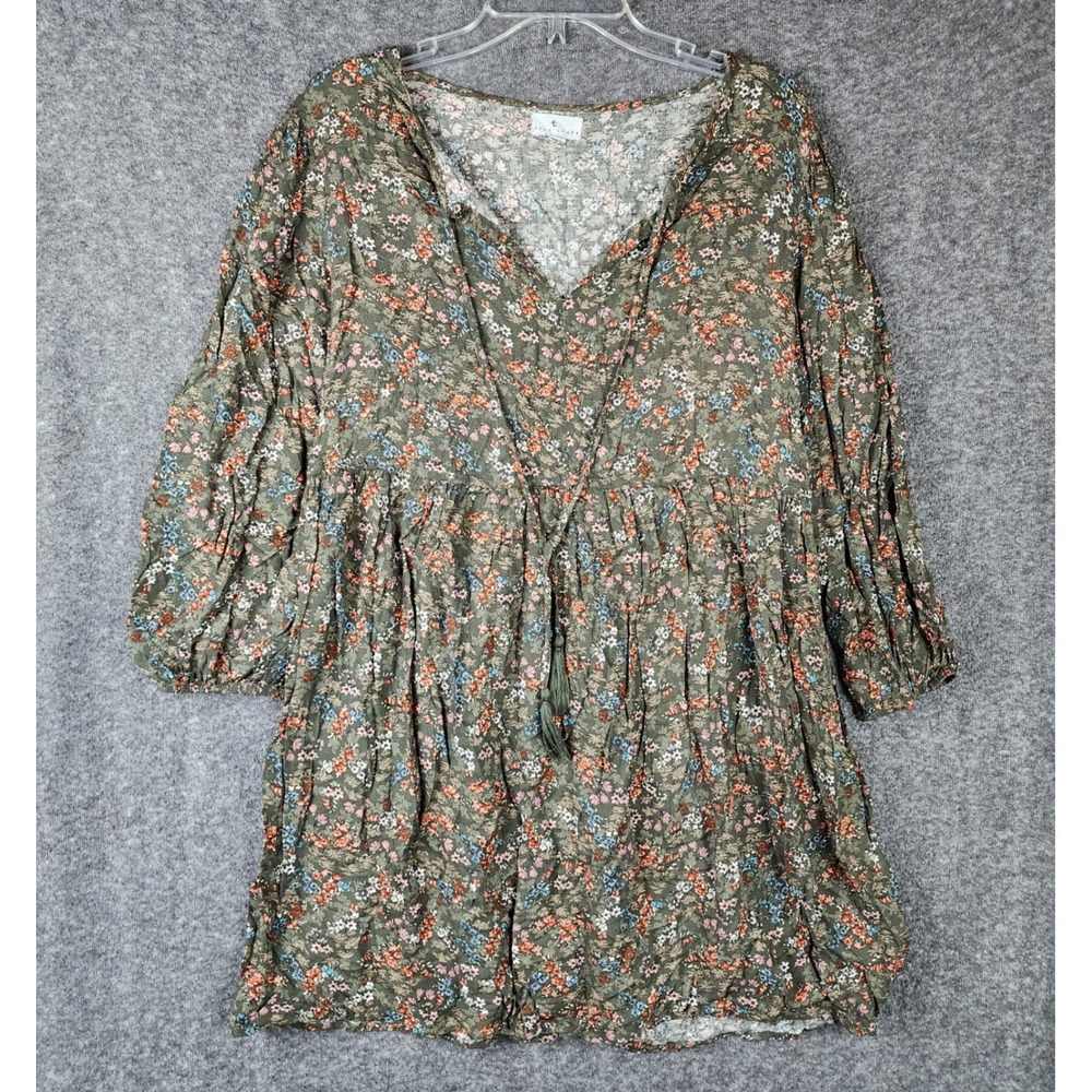True Craft Dress Womens Large Babydoll Olive Green Floral Boho Tassel EUC